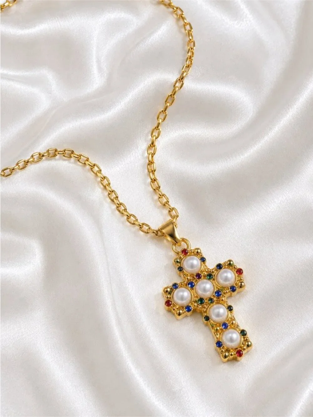 Vintage Gold tone Cross Pendant Necklace with Pearls & Multicolored Gems